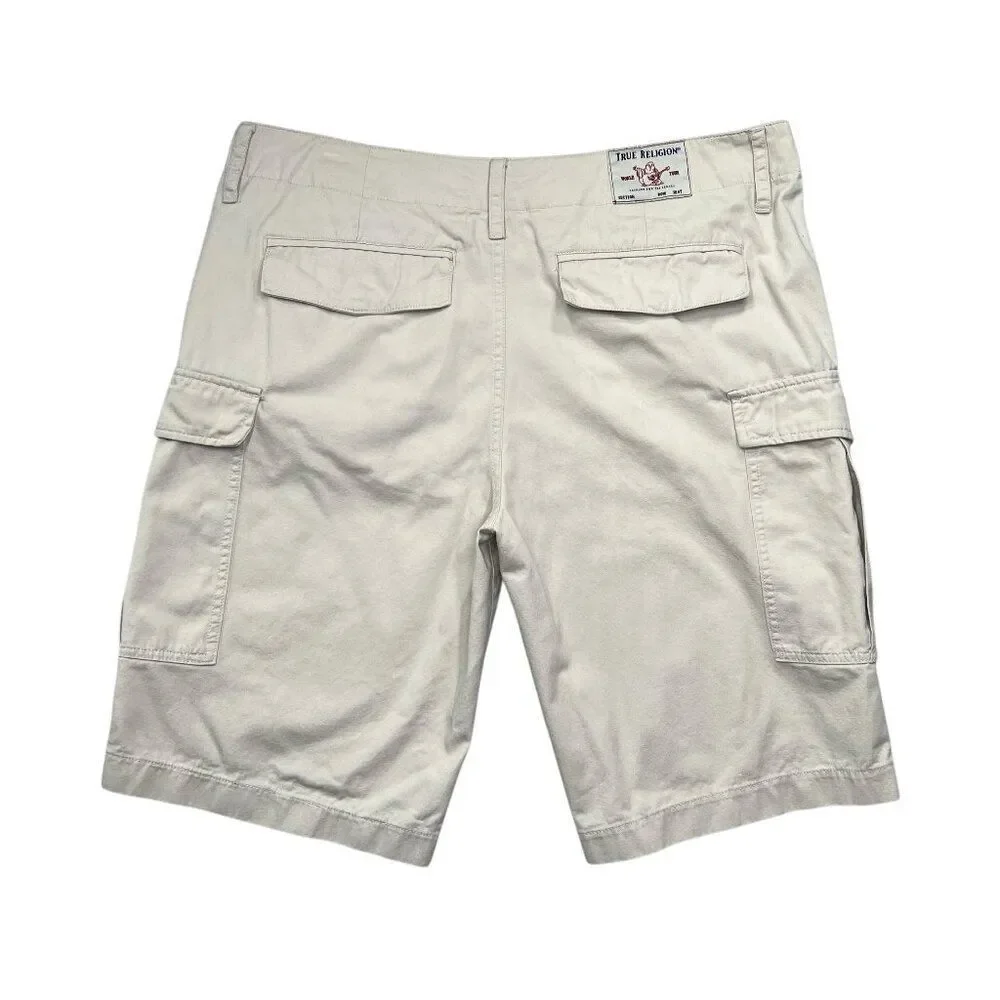 True Religion Cargo Shorts Men's Size 36 Cream Casual‎ Classic Summer Cotton